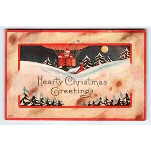 Vintage 1914 Santa Parachute Christmas Postcard Hearty Christmas Greetings